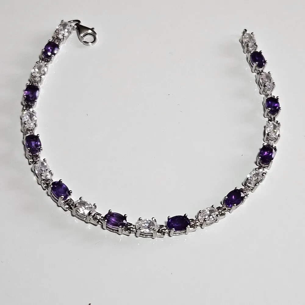 Sterling Silver Amethyst & CZ Tennis Bracelet 7.5
